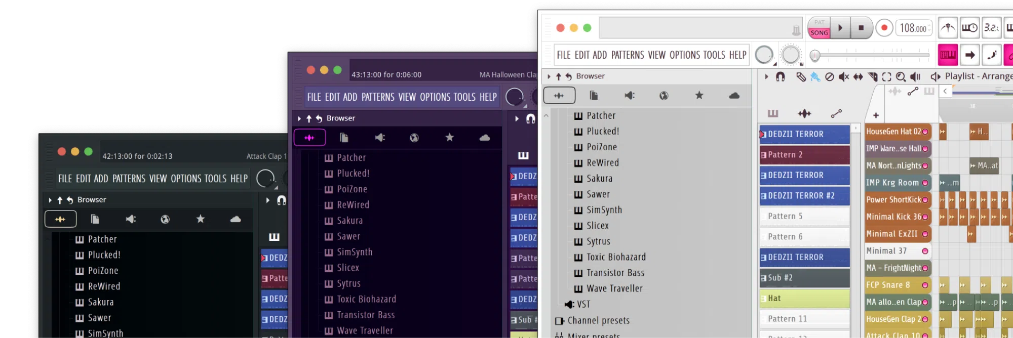 Three overlapping FL Studio windows in different themes