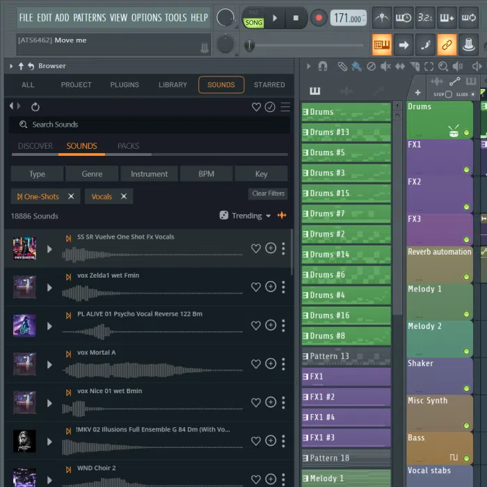 FL Cloud Sounds browser beside playlist track headers