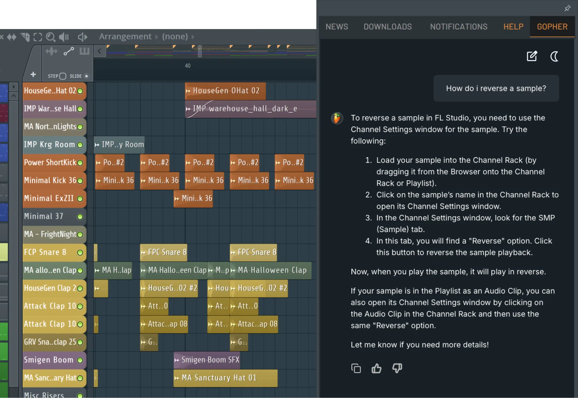 Gopher help tab answering how to reverse a sample beside the playlist