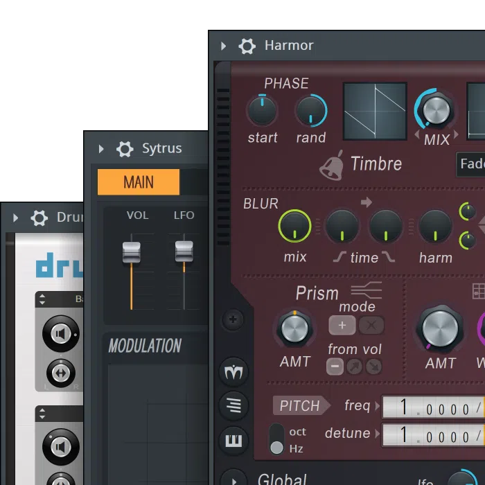 Drumaxx, Sytrus, and Harmor plugin windows stacked