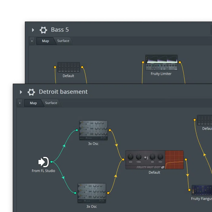 Patcher node map chaining instruments and effects