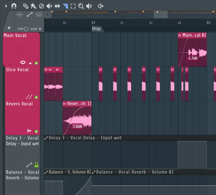 Playlist vocal clips sliced, reversed, and automated